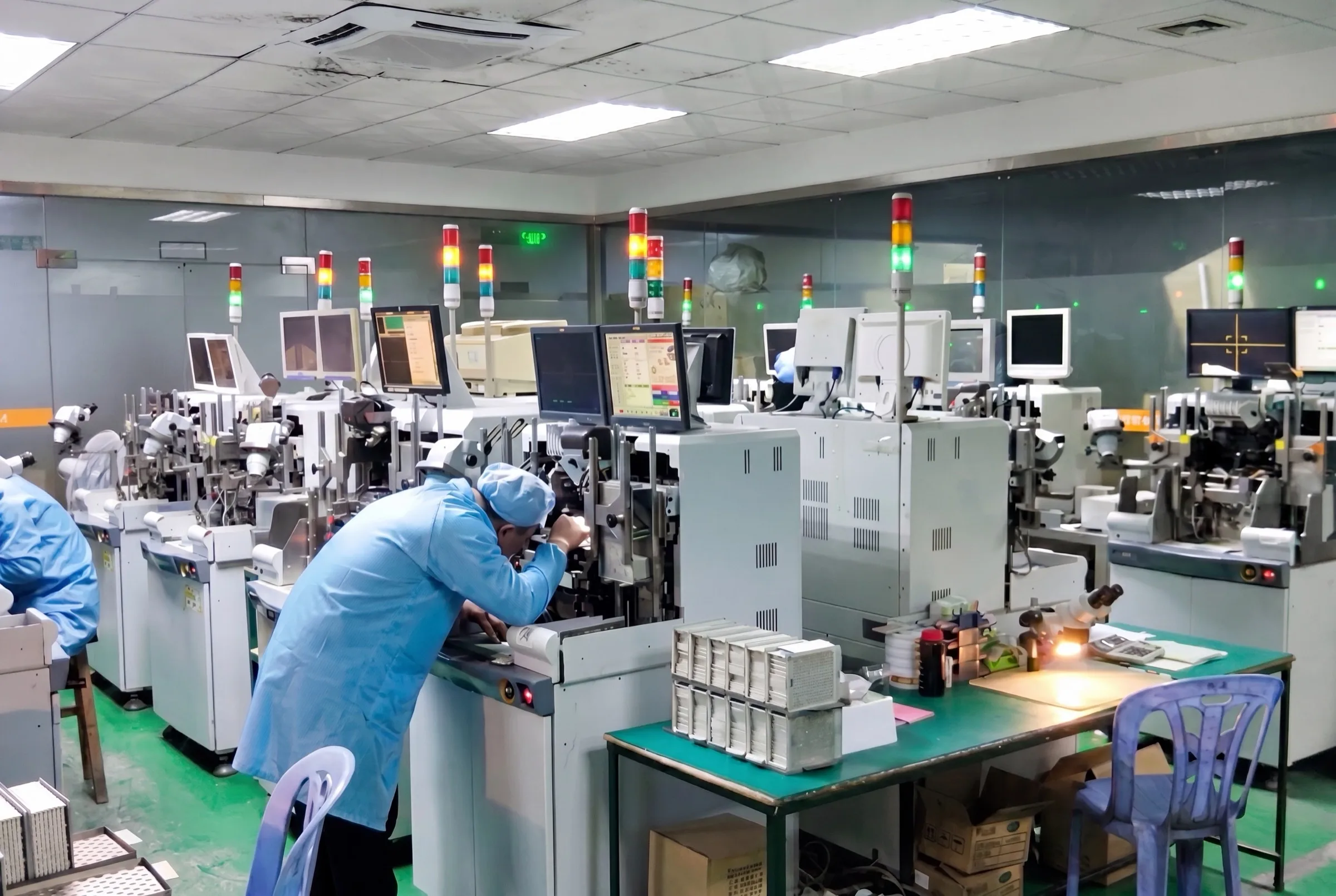 PILEDS automated SMT surface-mount production line with workers in clean-room uniforms