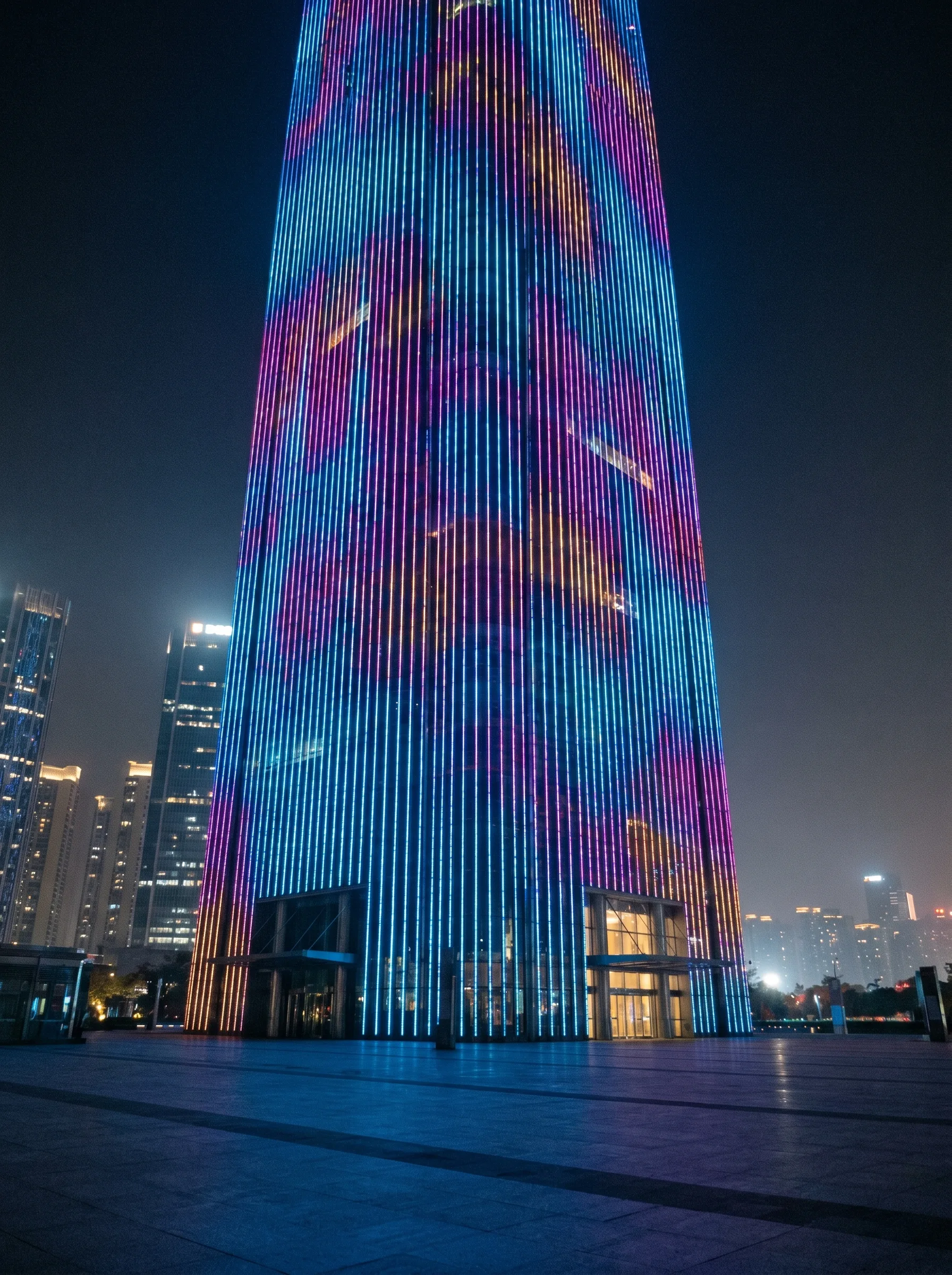Modern skyscraper facade wrapped in vertical RGB LED pixel strips at night