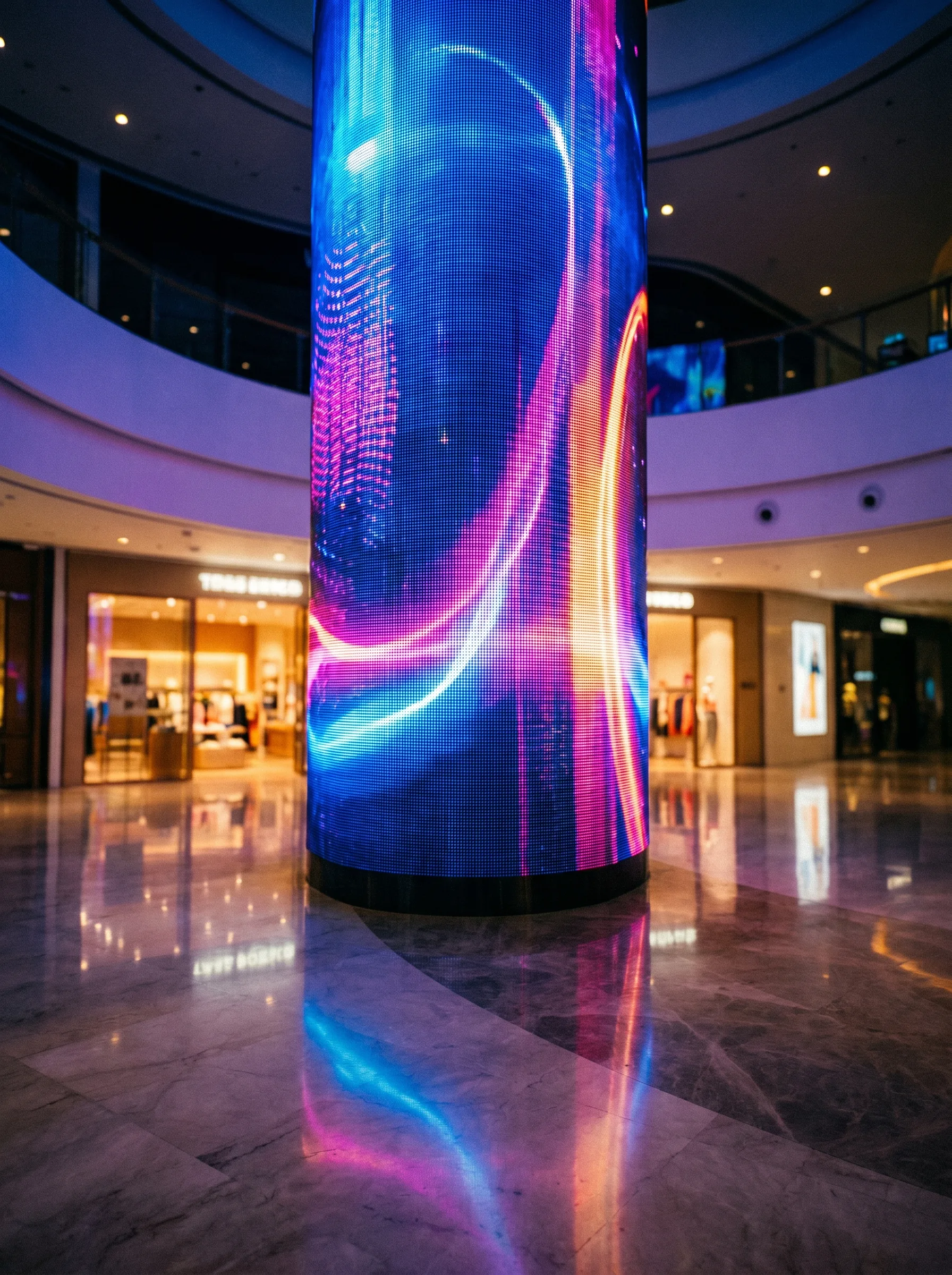 Shopping mall atrium with a free-standing curved RGB LED pixel pillar