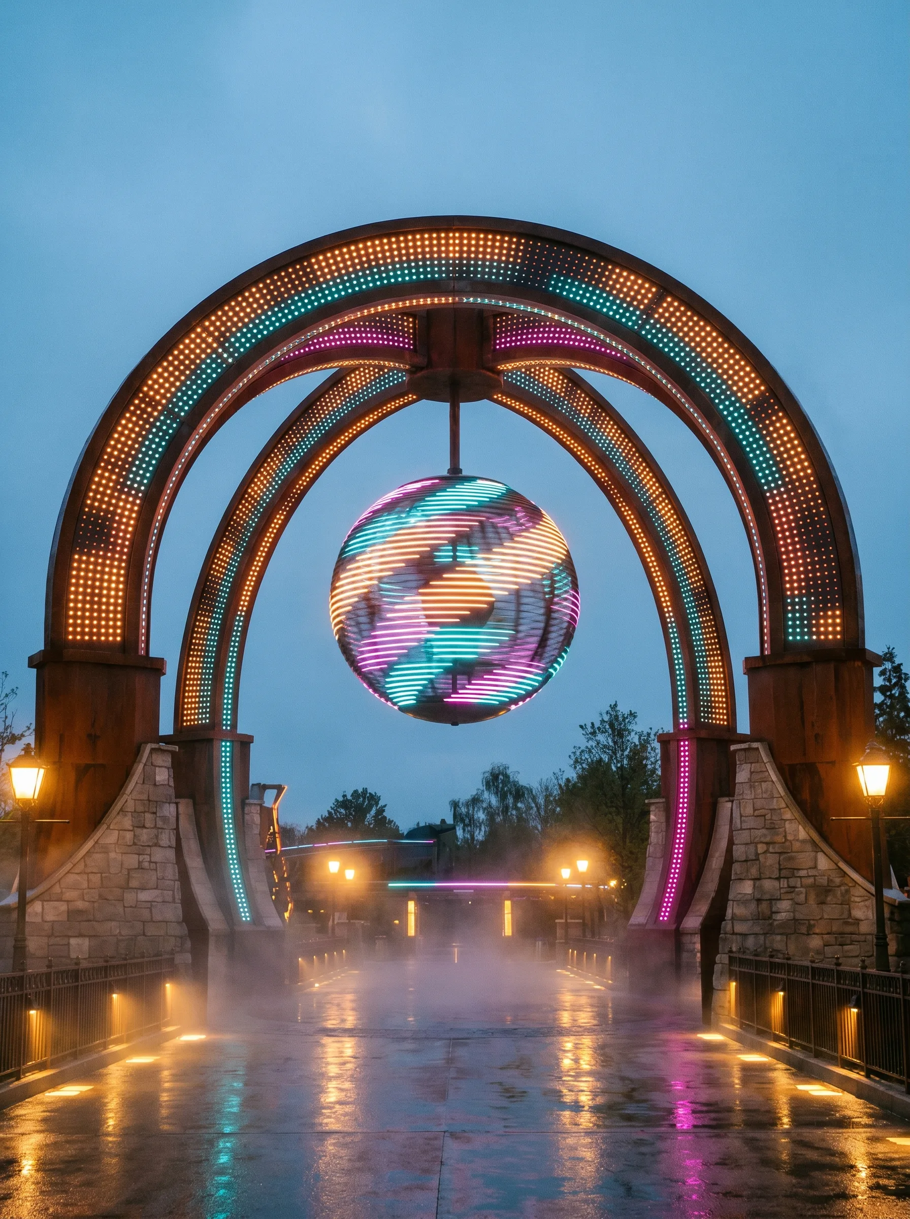 Theme park entrance with suspended kinetic LED sphere installation at dusk