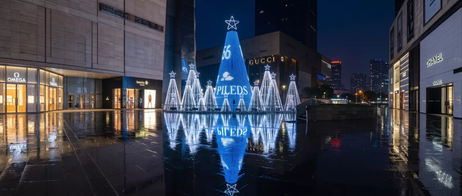 Programmable pixel-string light-tree in a plaza